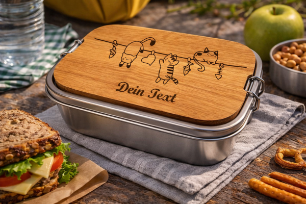 Lunchbox 1200ml aus 316 Edelstahl personalisiert mit Katzenmotiv