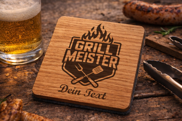 Personalisierter Untersetzer mit Filzrücken aus Eichenholz Grillmeister