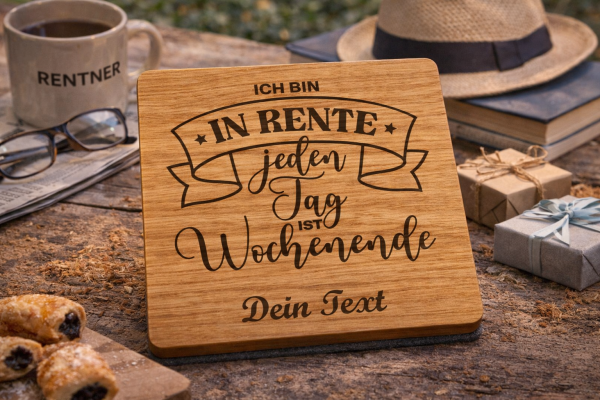 Personalisierter Untersetzer mit Filzrücken aus Eichenholz zur Rente