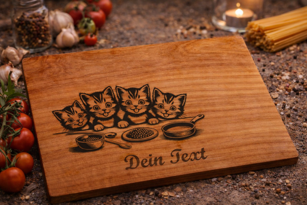 Personalisiertes Schneidebrett aus Kirsche geölt mit Katzen